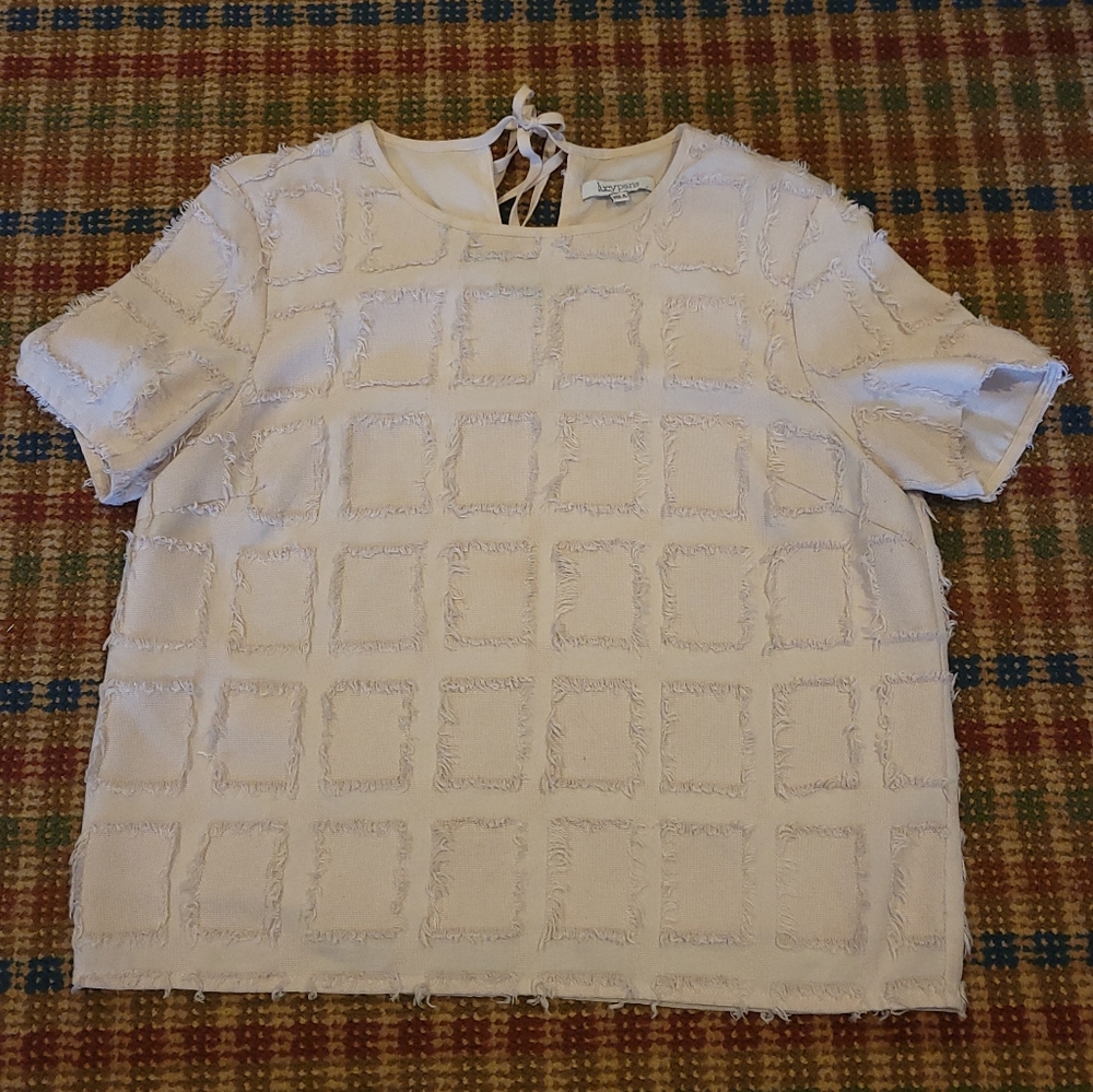 Lucy Paris Beige Cropped Fit Textured Fringe Textile Top